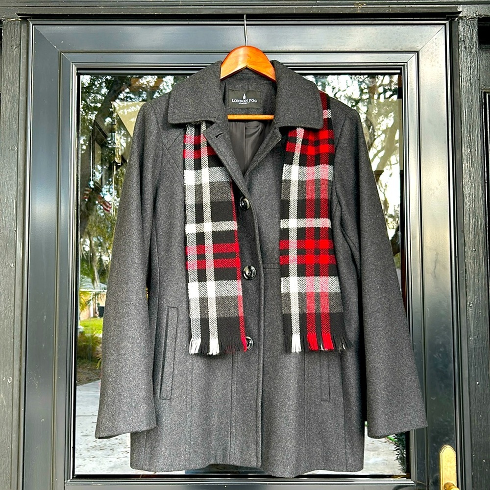 LONDON FOG Women’s Charcoal Wool-Blend Coat with Red Plaid Scarf